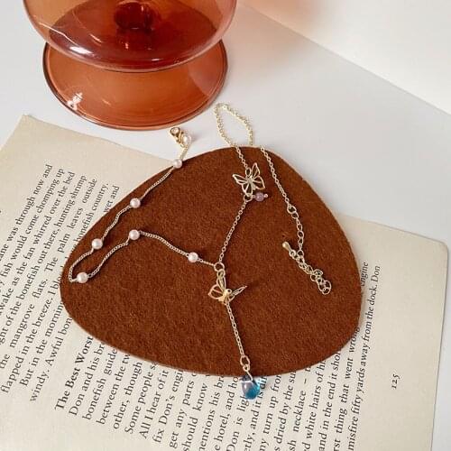 Origin Summer Korean Pearl Asymmetric Butterfly Pendant Necklace for Women Delicate Blue Long Waterdrop Necklace Jewelry