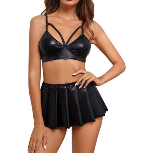 Sexy Lingerie Hollow Out Leather Bra Mini Dress Set Lenceria Sensual Mujer Women Underwear Set Cosplay Exotic Costumes Clubwear