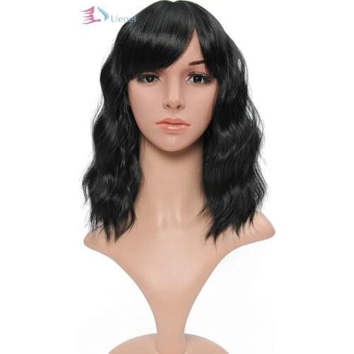 Uenel Short Wavy Wigs Bob Wigs With Air Bangs Shoulder Length For Women Short Wig Curly Wavy Synthetic Cosplay 12" Black
