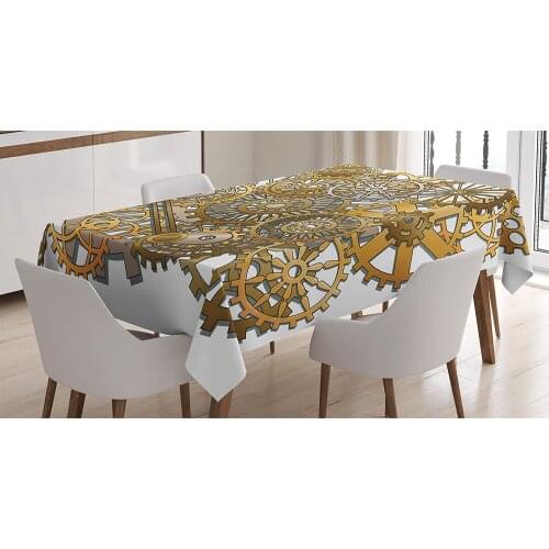 Uniqued Clock Tablecloth, Gears in Style of Steampunk Mechanical Design Engineeringme Print Gold Brown