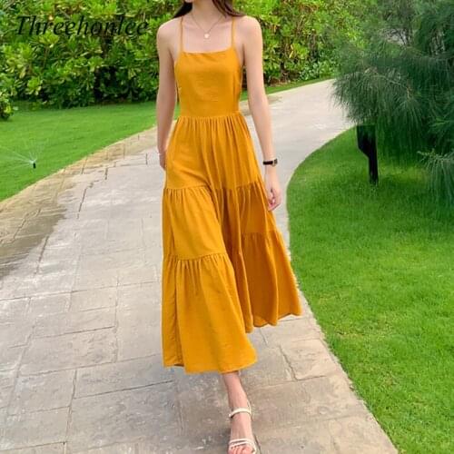 Yellow Women Slip Dress Summer 2021 Backless Elegant Party Night Dresses Cute Tropical Korean Beach Female Undress Vestidos