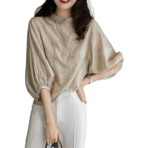 Womens Spring And Autumn Style Blouse Shirt Womens Printed O-Neck Button Lantern Sleeve Loose Vintage Tops SP1126