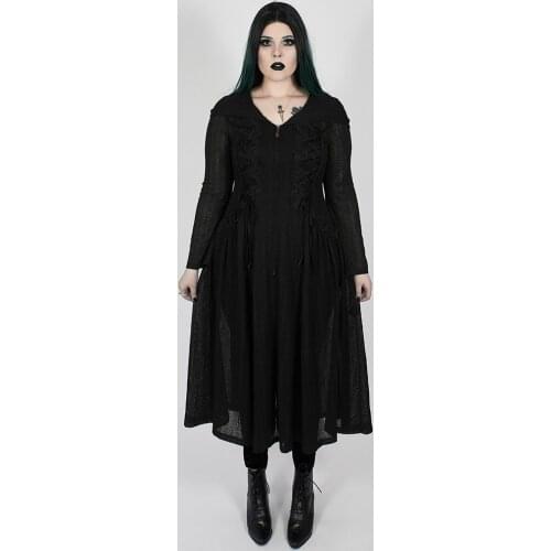PUNKRAVE Womens Dark Moon Hooed Medium-length Jacket Gothic Hollow-out Long Sleeve Dress