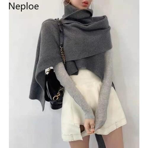 Neploe Korean High Neck Fashion Cape Knitted Shawl Design Pullover Sweater Women Solid Irregular Temperament Pull Femme 49517