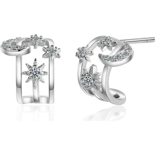Trendy Half Round 925 Sterling Silver Clear Micro Zircon Moon Star Stud Earrings Jewelry for Women Girl oorbellen brincos bijoux