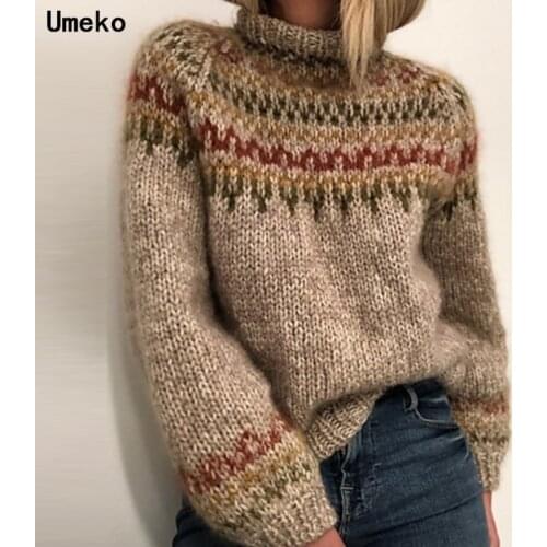 Umeko Autumn Winter Brown Vintage High Collar Sweater Loose Round Neck Casual Women Sweater New Fashion Elegant All-match Top