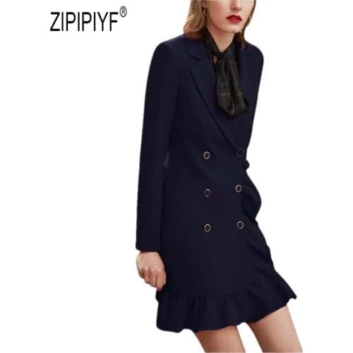 2019 Autumn Fashion Women Plus Size Dresses Turn Down Neck Long Sleeve Double-breasted Ruffles Short Dresses Office Dress Z2657