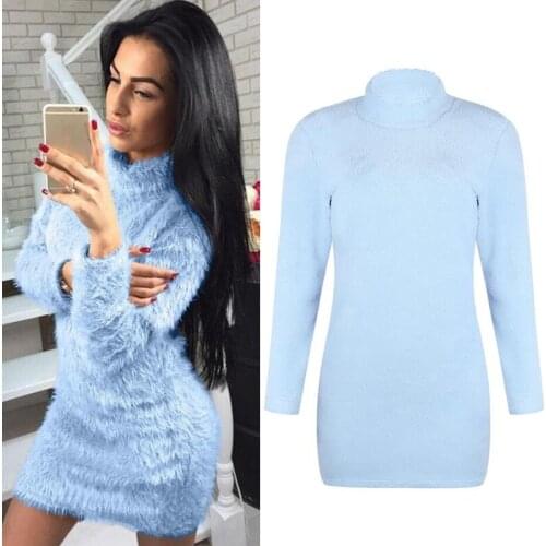 Women Autumn Winter Sexy Turtleneck Cashmere Soft Warm Dress Long Sleeve Solid Sweater Fleece Warm Basic Short Mini Dress