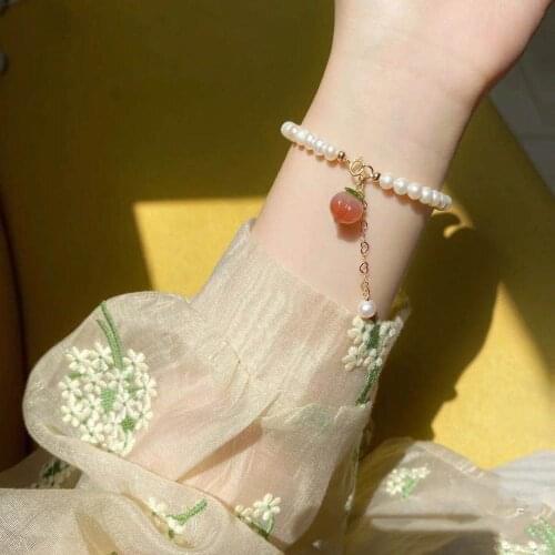 100% Freshwater Round Pearl Bracelet For Women Natural Red Agate Peach Pendant Bracelet Jewelry Girl Daughter Birthday Gift