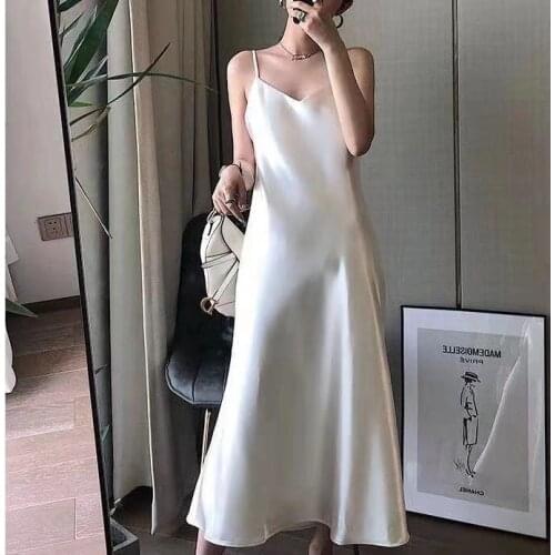 2021 Summer Women Long Satin Slip Dress Elegant Lady Spaghetti Strap Gold Black Silk Sexy Satin Mermaid Party Dress