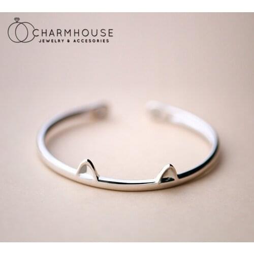 Pure Silver Cuff Bangles For Women Cat Charm Bracelet & Bangle Wristband Pulseira Femme Trendy Jewelry Accessories Party Gifts