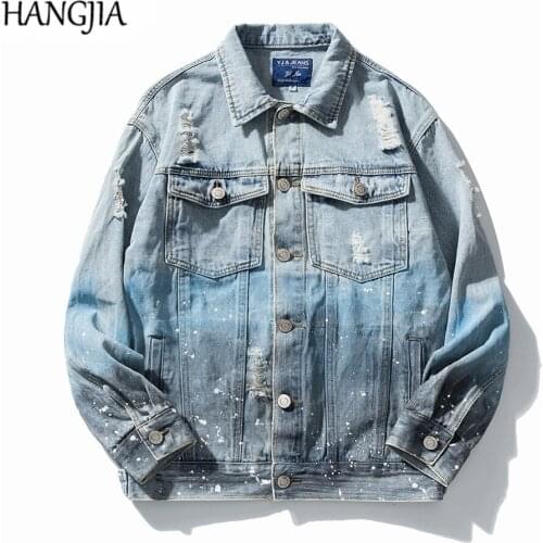 Harajuku Tie Dye Jean Jacket Mens Hip Hop Graffiti Denim Jackets Streetwear Spray Paint Ripped Jackets and Coats Autumn