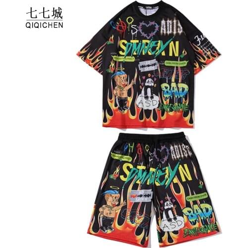 Men T Shirt+shorts Set Cartoon Graffiti Print Cozy Harajuku Hip Hop Style Short Sleeve Lovers Casual Summer Streetwear 2pcs Set