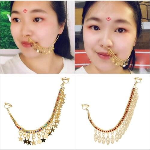 Indian Nose Chain Creative Rhinestone Nostril Ring Chain Nose to Ear Chain Ring Women Stage Jewellery Accessories