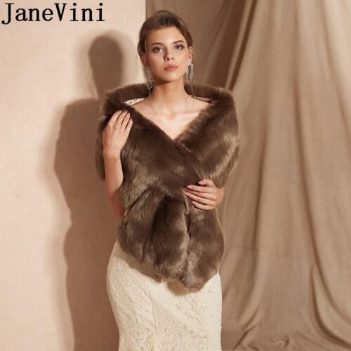 JaneVini Winter Fur Wedding Bolero Cape Chaquetas Mujer Women Accessories Faux Fur Bridal Wrap Jacket Shawl Evening Dress Capes