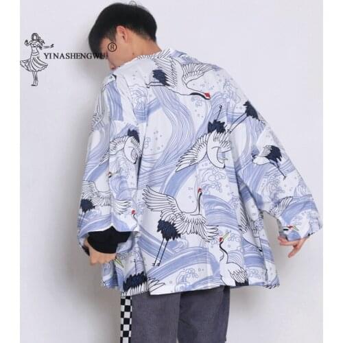 Samurai Crane Japanese Style Kimono Haori Men Cardigan Chinese Traditional Japanese Clothing Sun Protective Jacket Asian Clothes