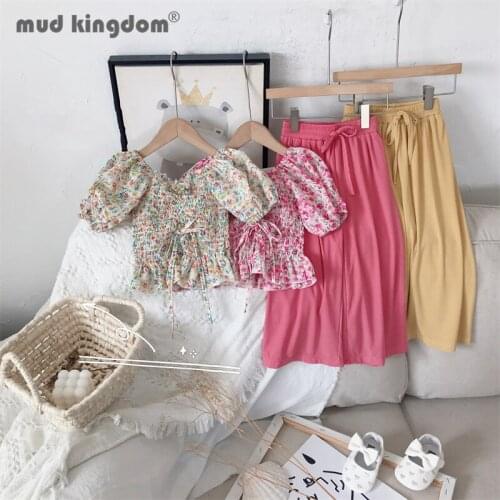Mudkingdom Girl Pants Set Floral Short Puff Sleeve Tops Solid Belt Loose Trousers Shoudlerless Outfits for Kids Summer Sets