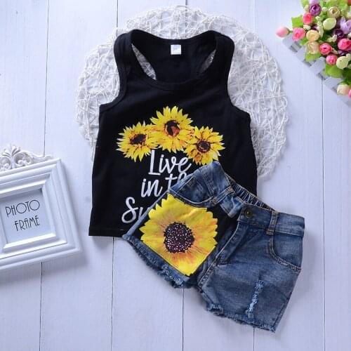 Sunflower Toddler Baby Girl set Clothes sleeveless letter Vest Tank Top+Short Pants Summer Clothes set Demim Shorts Outfits