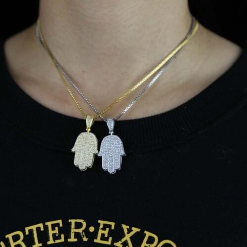 Iced Out Geometric Round CZ Paved Hamsa Hand Fatimas Hand Pendant Necklace For Women Fashion Hip Hop Jewelry Wholesale bulk