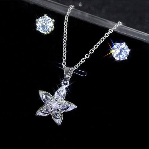 Cute Female White Zircon Jewelry Set Charm Silver Color Round Stud Earrings For Women Dainty Bride Flower Wedding Chain Necklace