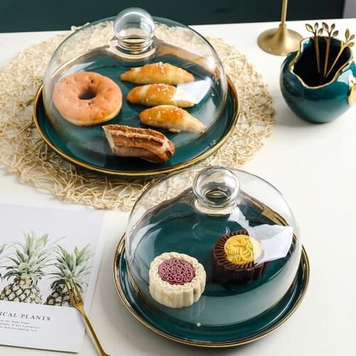 New 2021 European ceramic tasting plate cake plate glass cover bread dessert display tray fruit plate tasting plate Dark green