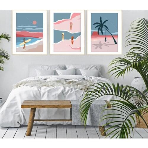 Surf Poster, Surfer Girl, Coastal Decor, Surfboard Wall Art, Summer Adventure Set, Sunset Beach Ocean Scenery, Vintage Surf Prin