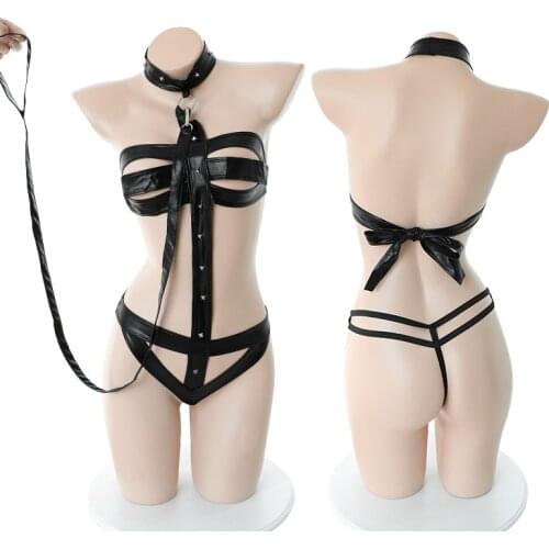 Sexy Lingerie Faux Leather Uniform Bandage Bondage Cosplay Bodysuit Temptation Hollow Passionate Female Role-playing Suit Black