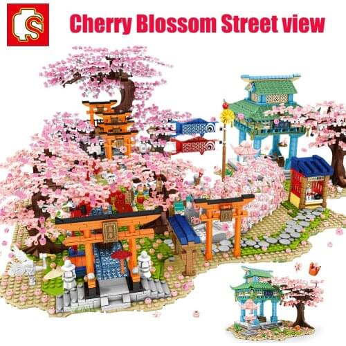SEMBO Cherry Blossom Friends Street view Creator Sakura Blocks Japanese Inari Shrine Bricks Model Building Blocks Childrens Toys