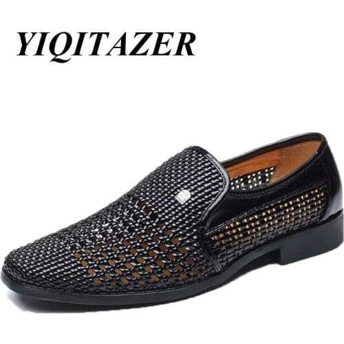 YIQITAZER New Design Slip on Business Men Derby Shoes Man Formal Shoes,Pointed Toe Cool Light Hollow Dress Shoes Men Black Brown