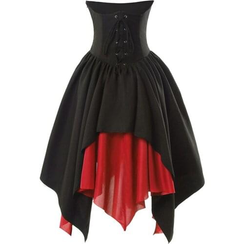 Vintage Black & Red Lace Up High Waist Long Asymmetrical Victorian Steampunk Skirt Medieval Gothic Clothing Women Skirts 2019