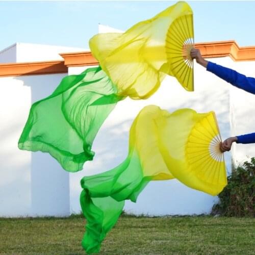 2016 High selling 100% Real Silk Veils 1 Pair handmade women Quality Silk Belly Dance Fan Dance yellow green 180*90 cm