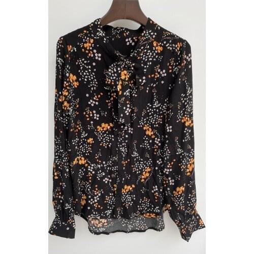 Bow Blouse Women Floral Print 2021 Autumn 100% Viscose Long Sleeve Vintage Buttons Female Shirts