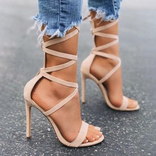 Women sandals PU Lace Up 10.5CM Thin Heels High heels Round Toe Front & Rear Strap Shallow sandal for women shoes size 35-42