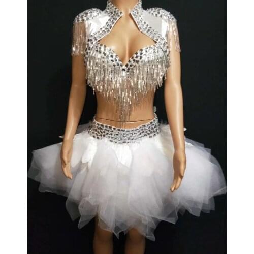 Female Sexy Fashion Cute Bikini Skirt Bra Set Rhinestone Crystal Decorated DJ Dance Model Underwear Nightclub Set Stage Costume