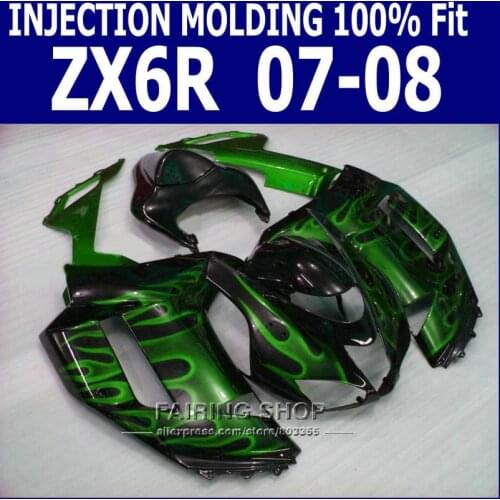 100%fit for zx6r 2008 08-07 2007 Fairing kit For Kawasaki ninja ( green flames ) Injection Motorcycle Fairings g13