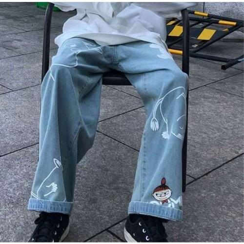 2021 Y2K Fashion Clothes Cartoon Pattern Printed Jeans Womens Casual Loose Denim Trousers Ladies Blue Straight Trousers