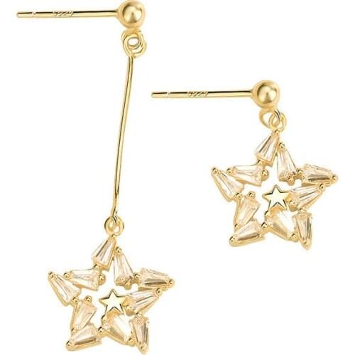 925 Silver Plated 14K Gold Fashion Five-Pointed Star Elegant Party Shiny Zircon Ear Pendant Earrings Jewelry for Women Gift New
