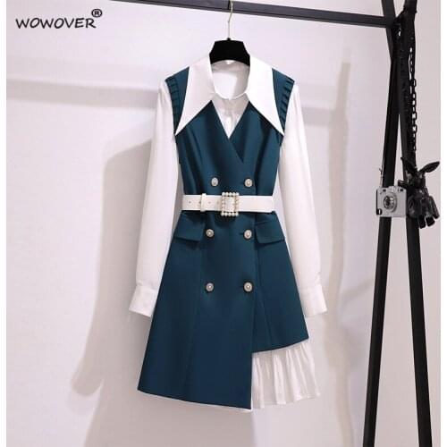 Elegant Office Lady Vestidos Autumn Fashion Womens Long Sleeve White Irregular Shirt Dress Suit 2Piece Set Roupas Femininas