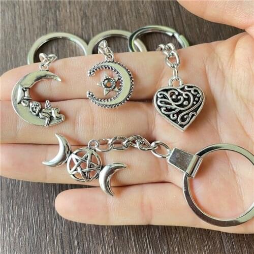 JunKang Alloy ancient silver moon star hollow heart-shaped key chain pendant for DIY making necklaces and bracelets for men