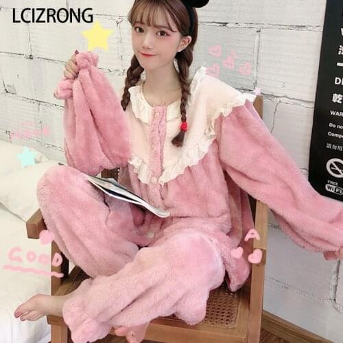 Winter Coral Fleece Warm 2pcs Pajamas Sets Women Sweet Ruffle O Neck Long Sleeve Tops Long Pants Nightgown Thick Home Clothes