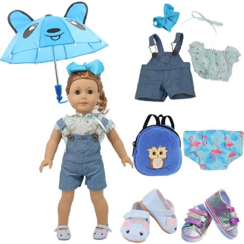 Doll Clothes 1Set=Umbrella+Jeans Suits+Shoes+Bag+Panties For 18 Inch American&43CM Reborn New Born Baby Doll Girl`s Toy DIY Gift