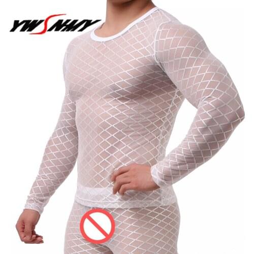 Mens Sexy Transparent Mesh T-shirt See Through Long Sleeve T shirt GAY Tops Men Undershirt Fitness Slim Casual Diamond Grid Tops