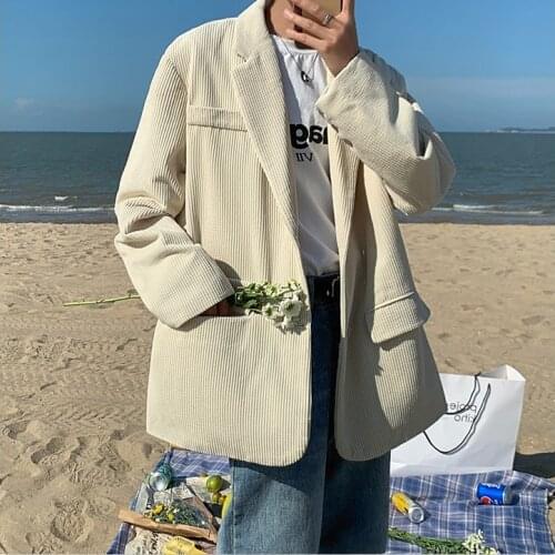 Corduroy Fabric Blue Blazers Mens Loose Casual Windbreaker Trendy White Coats Fitted Blazer Cotton Clothing Suit Jackets M-2XL