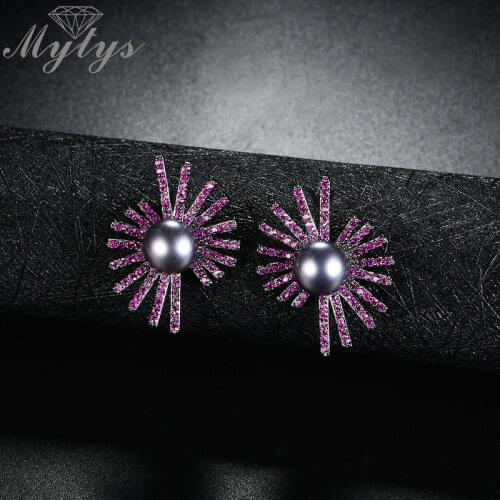 Mytys Purple Crystal Irregular Flower Earrings for Women Noble Jewelry Accessory Black Pearl Stud Earrings New Design CE327