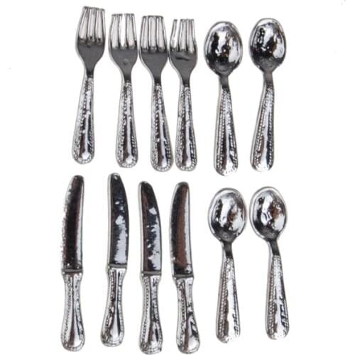 1/12 12 Pcs Dollhouse Miniature Forks, Spoons & Knifes Tableware Stainless Steel Tableware Set Kitchen Accessories Toys
