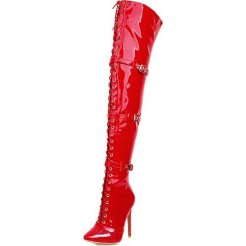 Lace Up Thigh High Boots Women Winter High Heels Over the knee Boot Patent Leather Long Stripper Fetish Shoes Lady Large Size 48