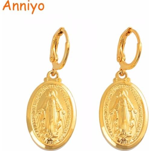 Anniyo Virgin Mary Earrings Gold Color Trendy Religious Jewelry Gifts Wholesale Drop Earrings Our Lady For Women Girls #098406