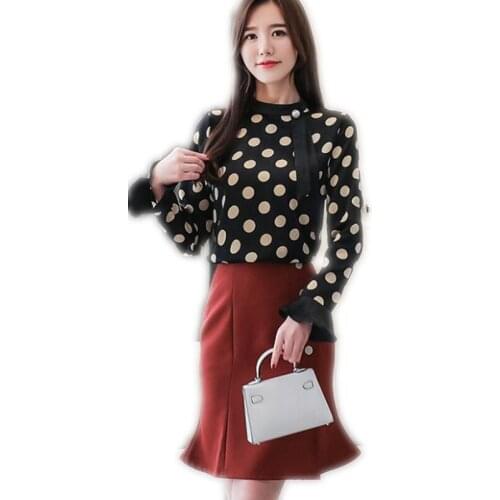 Chiffon Spring Women Blouses O-Neck Autumn Short Women Shirts 2019 Print Polka Dot Tops Female Long Flare Sleeve Shirts Q1274