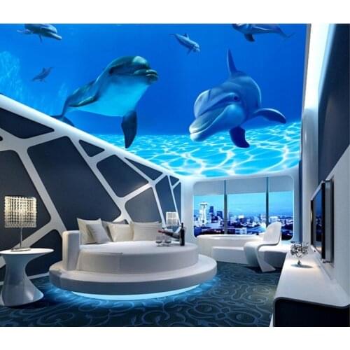 Blue fantasy underwater world dolphin ceiling decoration background 3d ceiling murals wallpaper