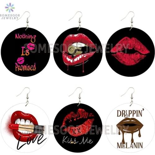 SOMESOOR Kiss Me Drippin Melanin Wooden Drop Earrings Lips Arts Printed Vintage Wood Loops Pendant Dangle Jewelry For Women Gift